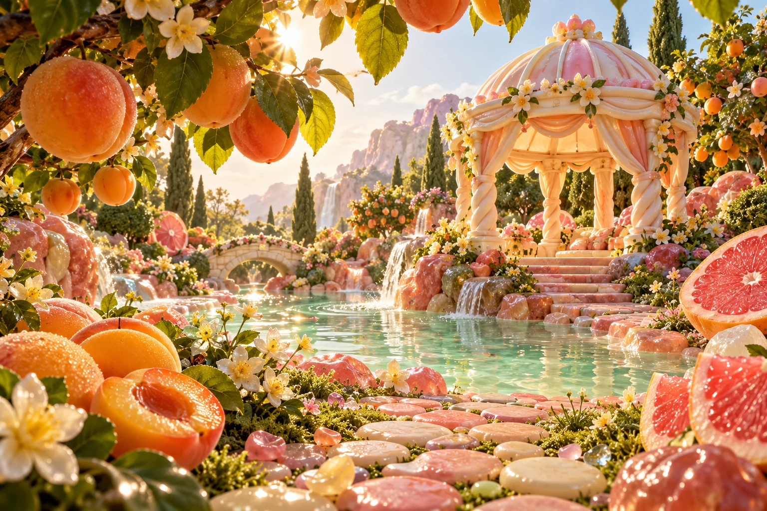 Peach garden in Zumeraki's illustrated fruit and confectionery world