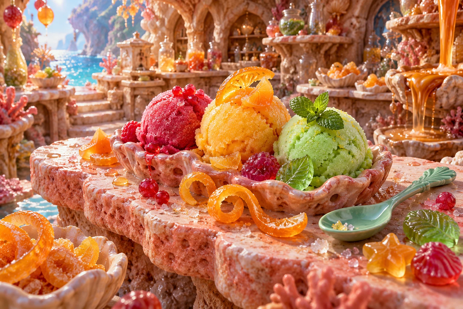 Sherbet bench in Zumeraki's illustrated fruit and confectionery world